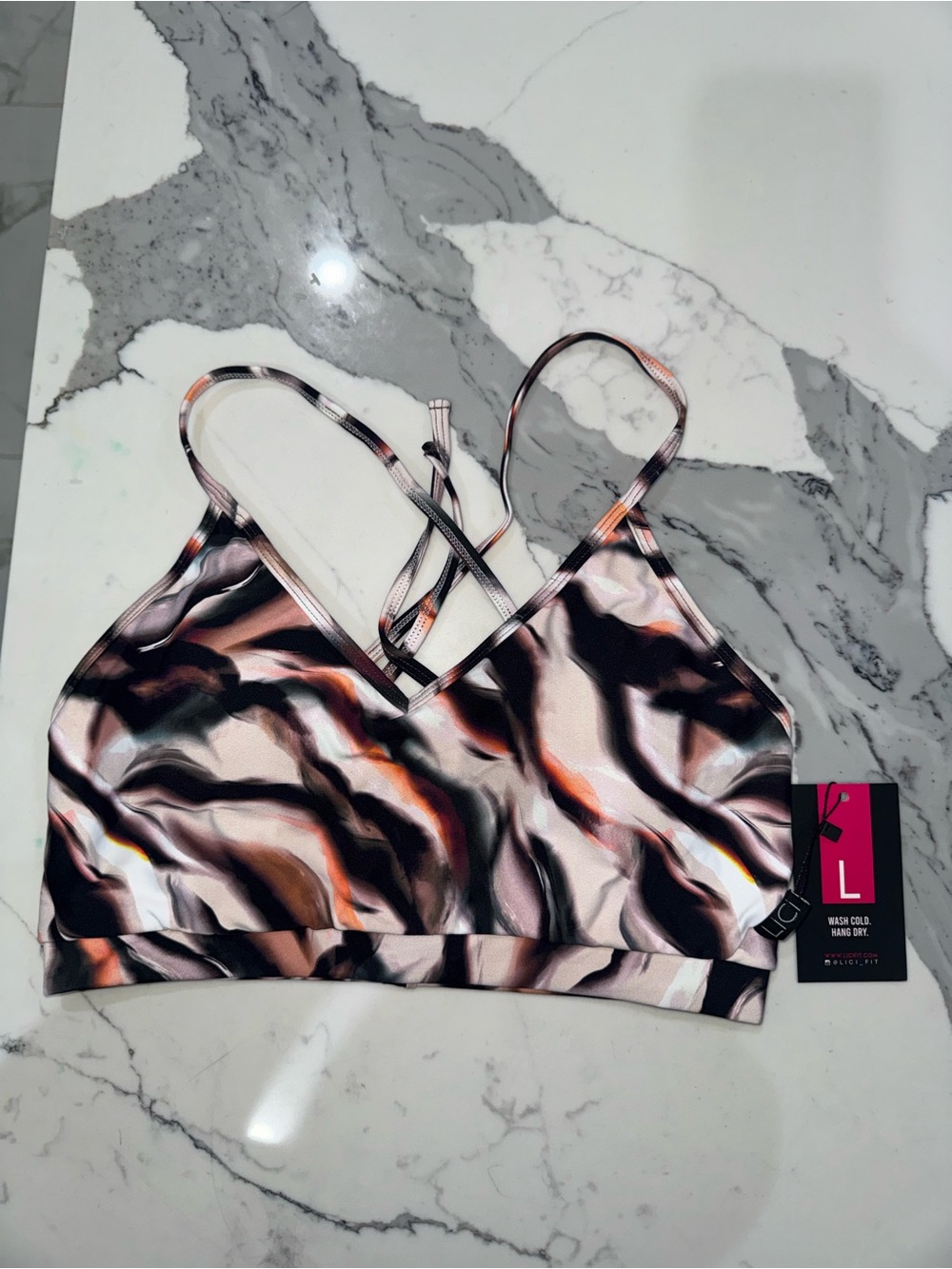 Strappy Marble-Print Bralette in Pink & Black